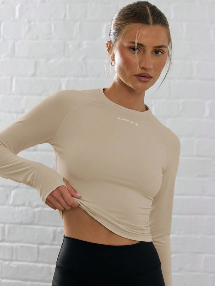 Long Sleeve Slinky Thumb Hole Cropped Activewear Top - Apricot