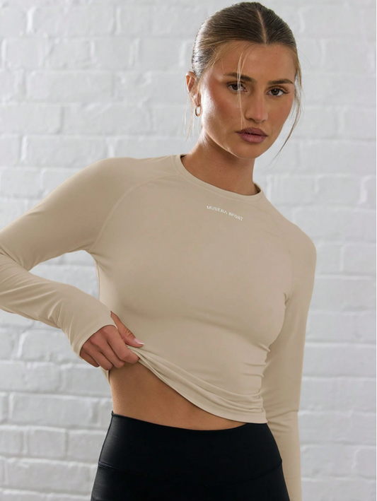 Long Sleeve Slinky Thumb Hole Cropped Activewear Top - Apricot